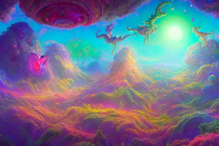 Image similar to a psychedelic realm made entirely out of love and acceptance and hypercolors. astral beings sharing love. cute smiling glowing skin glowing chibi style pixar baby dinosaurs in the style of greg rutkowski and wlop and lisa frank! and bob ross!!! and ruan jia, illustration, epic, fantasy, hyper detailed, smooth, unreal engine, sharp focus, ray tracing