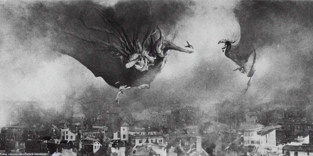 Image similar to a few people run from building as cameraman points at large flying monster, 1 9 0 0 s photograph