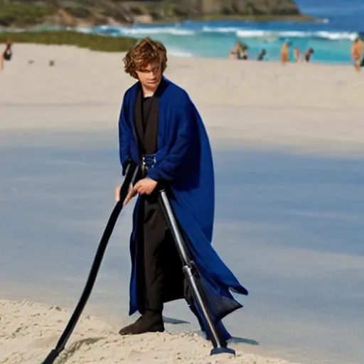 Image similar to Anakin Skywalker vacuuming the beach to remove sand