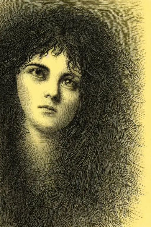 Prompt: extreme close-up portrait of a woman, face covered by hair, forest background, Gustave Dore lithography