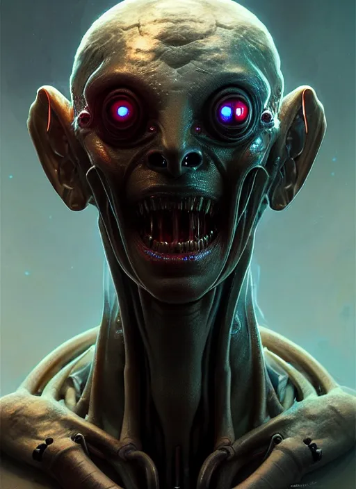 Image similar to portrait of a space alien, varying detailed skin, octane render, piercing glowing eyes, realistic render, detailed, ugly, slimy unreal engine, symmetrical!!, greg rutkowski and ruan jia, cinematic