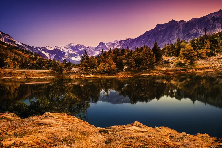 Prompt: beautiful landscape photo of a lake with mountains in the background, dusk, two cranes flying across the sun, sun rays hitting the pebbles in the foreground and the lake, 35mm, low angle, rule of thirds