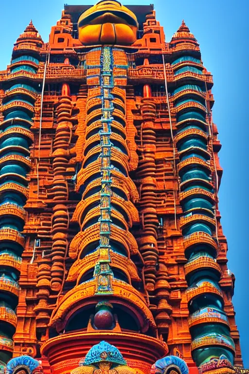 Image similar to hanuman! head building in mumbai!! centre, kalighat, highly detailed, high quality 3 d futuristic biomorphic, cinematic smooth, berenice abbott & john j. park, dramatic warm morning light, wide shot, high angle, uhd 8 k, sharp focus