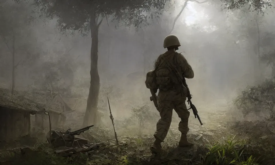 Image similar to Futuristic matte painting of a US soldier in the Vietnam War walking through an abandoned Vietcong village, volumetric light scattering, highly detailed, digital art, Andreas Rocha, Greg Rutkowski, Darek Zabrocki, ArtStation, CGSociety, Unreal Engine, 4K, 8K