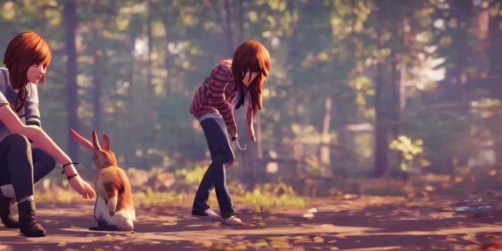 Image similar to max caulfield petting a rabbit in the video game life is strange, screenshot