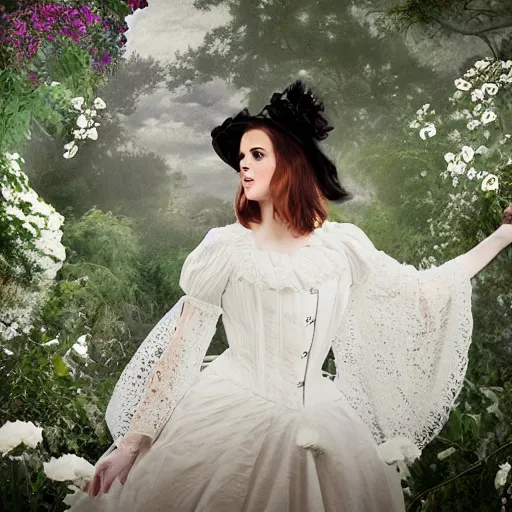 Image similar to washed out on worn out canvas textured canvas wall full body fashion model emma watson smokey eyes makeup eye shadow fantasy, glow, shimmer as victorian woman in a long white frilly lace dress and a large white hat having tea in a sunroom filled with flowers, roses and lush fern flowers ,intricate, night, highly detailed, dramatic lighting , high quality