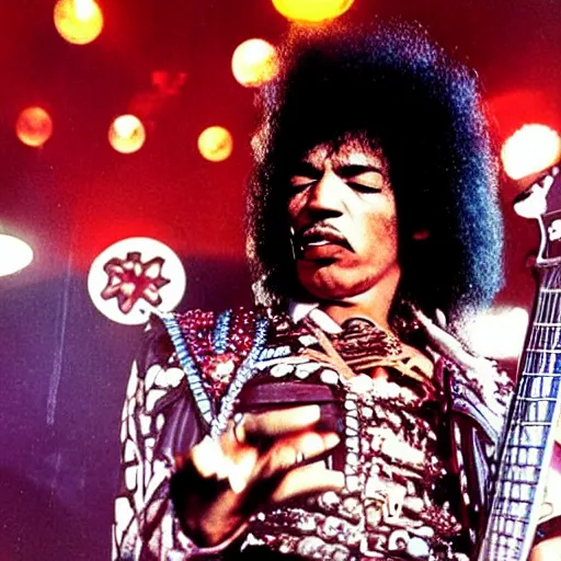 Prompt: jimi hendrix as a member of the band kiss in concert, color photo