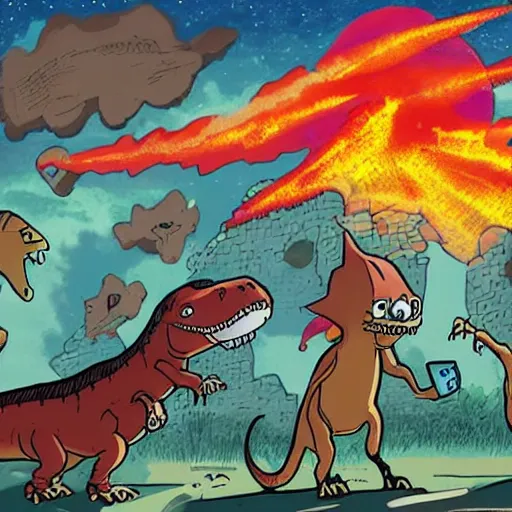 Image similar to a newspaper cartoon with dinosaur characters looking into their phones as a flaming comet lights up the sky