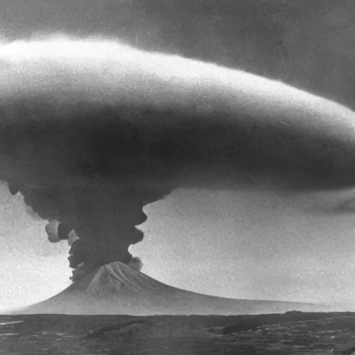 Image similar to cinematic photo of hundreds of zeppelins clustered around an active volcano on an island