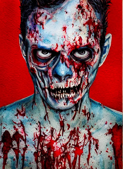 Image similar to zombie hollywood professional acting headshot, hyperrealism, david dennis, snl intermission photo, intricate detailed, studio lighting, charming expression gesicht, hauntingly beautiful zombie, watercolor art, epic, legendary, drawn and painted, colored layers, dulled contrast, exquisite fine art, splatterpaint