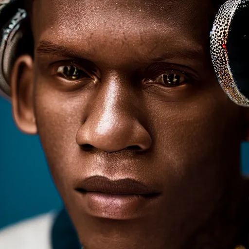 Prompt: a studio photograph of Young Thug, portrait, 40mm lens, shallow depth of field, close up, split lighting, cinematic