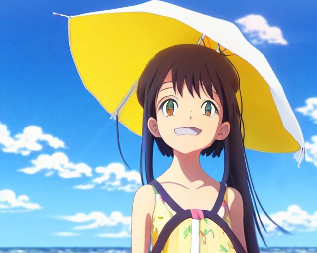 Image similar to anime fine details portrait of joyful girl at beach anime masterpiece by Studio Ghibli. 4k render.