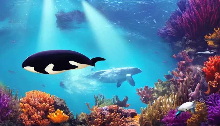 Image similar to a beautiful, noble, giant orca : 1, underwater scenery, beautiful colorful corals, african cichlids and other species of small tropical sea - life, god - rays, volumetric lighting, 8 k, digital art