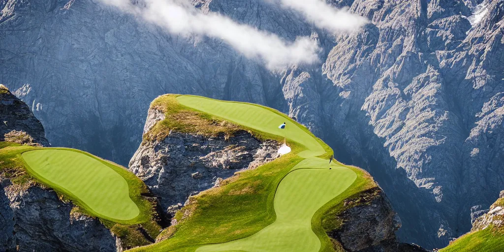 Prompt: a great photograph of the most amazing golf hole in the world, perfect light, over a cliff, in the swiss alps, hangglider, high above treeline, ambient light, 5 0 mm, golf digest, top 1 0 0, fog