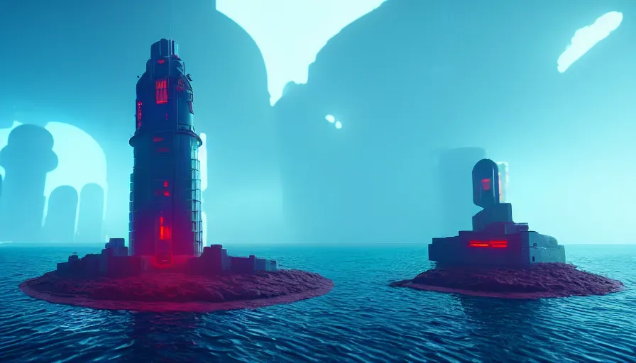 Image similar to a island in the middle of the ocean with a large cyberpunk tower on it, octane, redshift, volumetric lighting, reflections