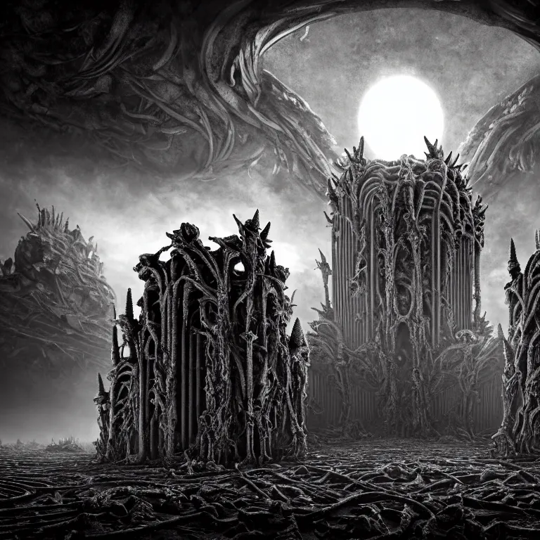 Image similar to ribbed surreal abandoned symmetrical baroque alien temple exterior on exoplanet, covered with spikes, in a desolate empty wasteland, creepy, nightmare, dream-like heavy atmosphere, surreal abandoned buildings, beautiful detailed intricate insanely detailed octane render trending on Artstation, 8K artistic photography, photorealistic, chiaroscuro, Raphael, Caravaggio, Beksinski, Giger