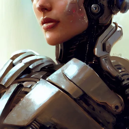 Image similar to extreme close up, facial portrait, woman in white sci - fi armor, mechanical armor, cybernetic hands, striking pose, portrait dnd, nier 2 b, painting by gaston bussiere, craig mullins, greg rutkowski, yoji shinkawa, artgerm