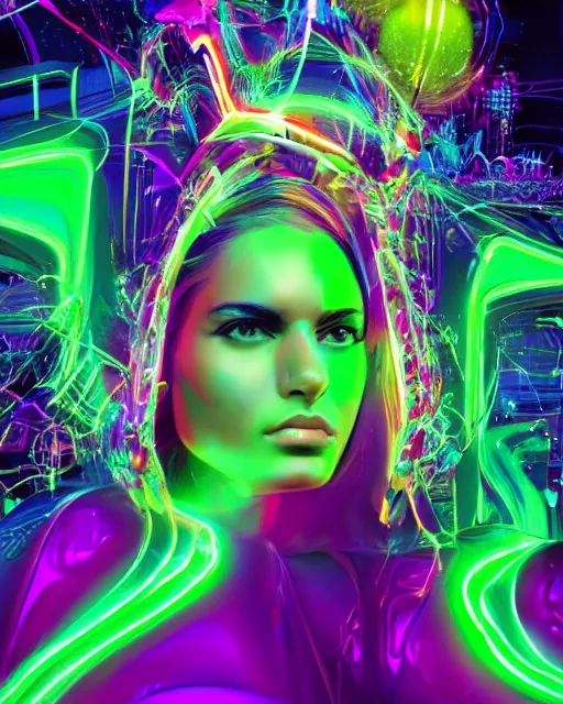 Prompt: a powerful energy psychedelic neon woman, by alexander fedosav, hyper detailed digital matte painting, concept art, hyperrealism, 1 6 k resolution, cinema 4 d, 8 k resolution, trending on artstation, behance hd, a masterpiece, by stephan martiniere, particles, cel - shaded, power bright neon energy, by david a. hardy,