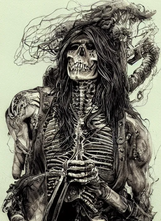 Image similar to portrait, Long haired biker skeleton in a wheelchair, has tattoos, watercolor, dramatic lighting, cinematic, establishing shot, extremely high detail, foto realistic, cinematic lighting, pen and ink, intricate line drawings, by Yoshitaka Amano, Ruan Jia, Kentaro Miura, Artgerm, post processed, concept art, artstation, matte painting, style by eddie mendoza, raphael lacoste, alex ross