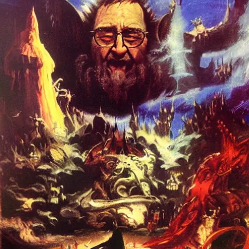 Prompt: wizard surrounded by crt televisions, oil on canvas, frank frazetta, john williams