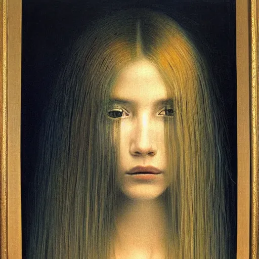 Prompt: portrait painting of teenage female queen by Beksinski, she is pale with long golden hairs. She is in golden vrown