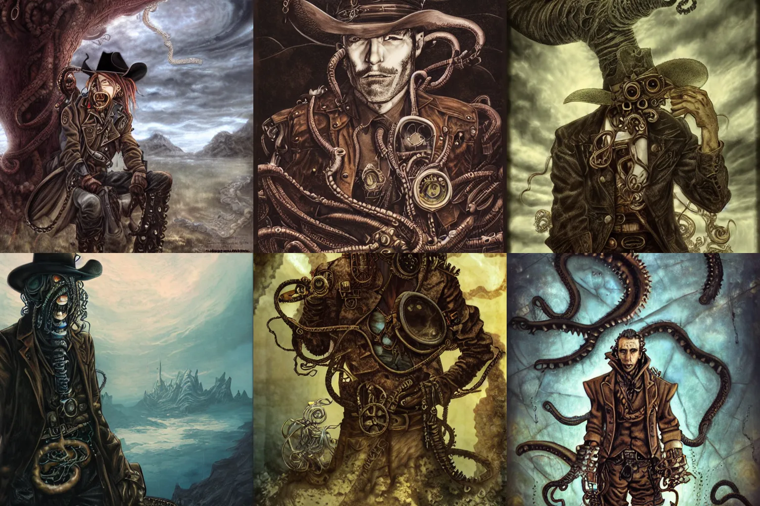 Prompt: portrait of a corrupted eldritch cowboy in a scenic environment by yoshitaka amano, steampunk, lovecraftian, oldwest, corruption, tentacles