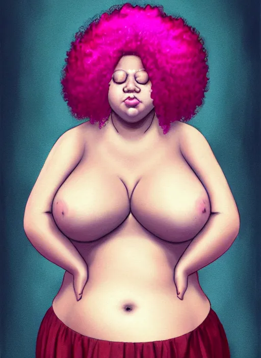 Image similar to full body portrait, teenage vanessa morgan, pink hair, obese, curly pixie hair, sultry, realistic, short hair, hoop earrings, skirt, shirt, fat, belly, black girl, intricate, elegant, highly detailed, digital painting, artstation, concept art, smooth, sharp focus, illustration, art by wlop, mars ravelo and greg rutkowski