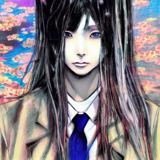 Image similar to yoshitaka amano realistic illustration of a manga girl with black eyes and long wavy white hair wearing dress suit with tie and surrounded by abstract junji ito style patterns in the background, blurry and dreamy illustration, noisy film grain effect, highly detailed, oil painting with expressive brush strokes, weird portrait angle