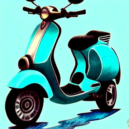 Image similar to a turquoise vespa moped, realistic, concept art, intricate details, detailed, photorealistic, pencil and watercolor, art by artgerm and greg rutkowski