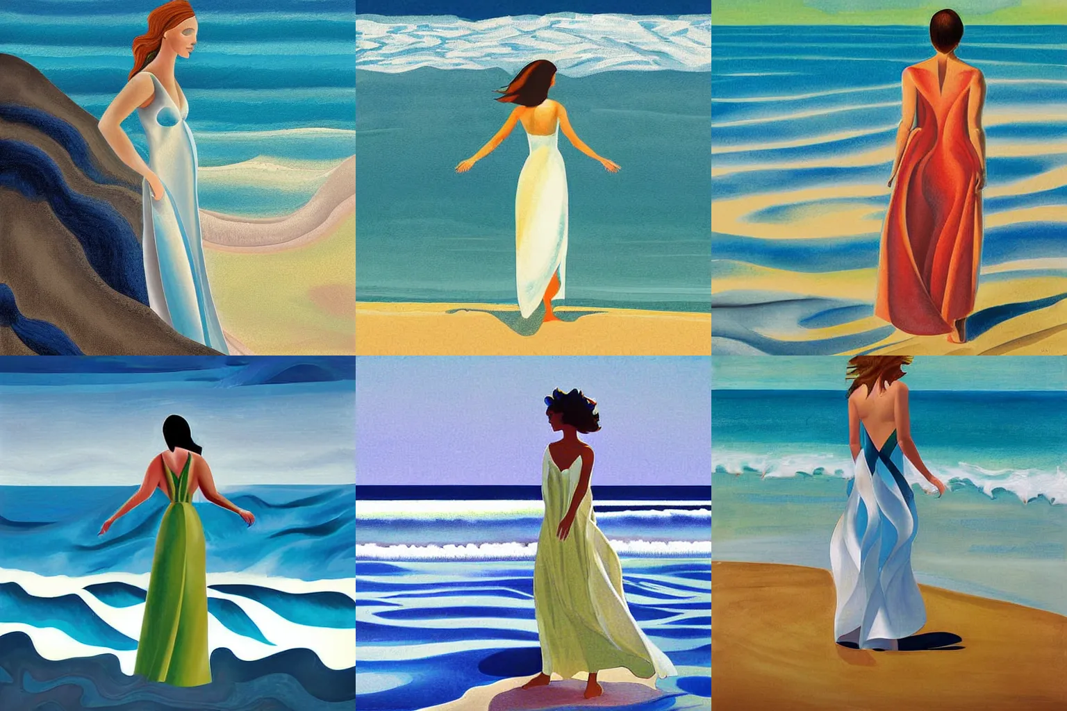 Prompt: a woman standing in the sea at the beach. She is wearing a flowing dress in the style of Georgia O'Keeffe. Sunlight is reflecting off the waves. Detailed digital art.