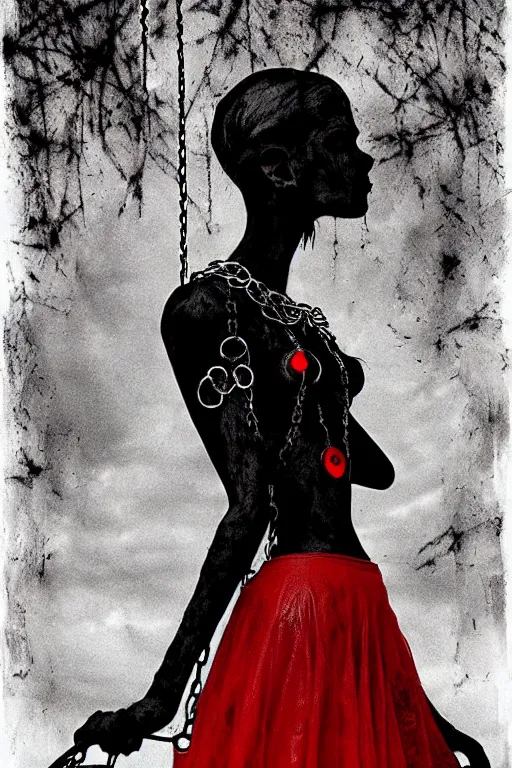 Prompt: dreamy gothic girl, black leather slim skirt, chains, red spirit, beautiful body shape, detailed acrylic, grunge, intricate complexity, by dan mumford and by alberto giacometti, peter lindbergh