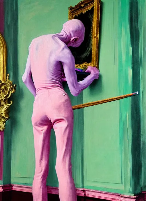 Image similar to a skinny, starving artist wearing overalls, painting the walls inside a grand ornate cathedral, hauntingly surreal, highly detailed painting by francis bacon, edward hopper, adrian ghenie, gerhard richter, soft light 4 k in pink, green and blue colour palette