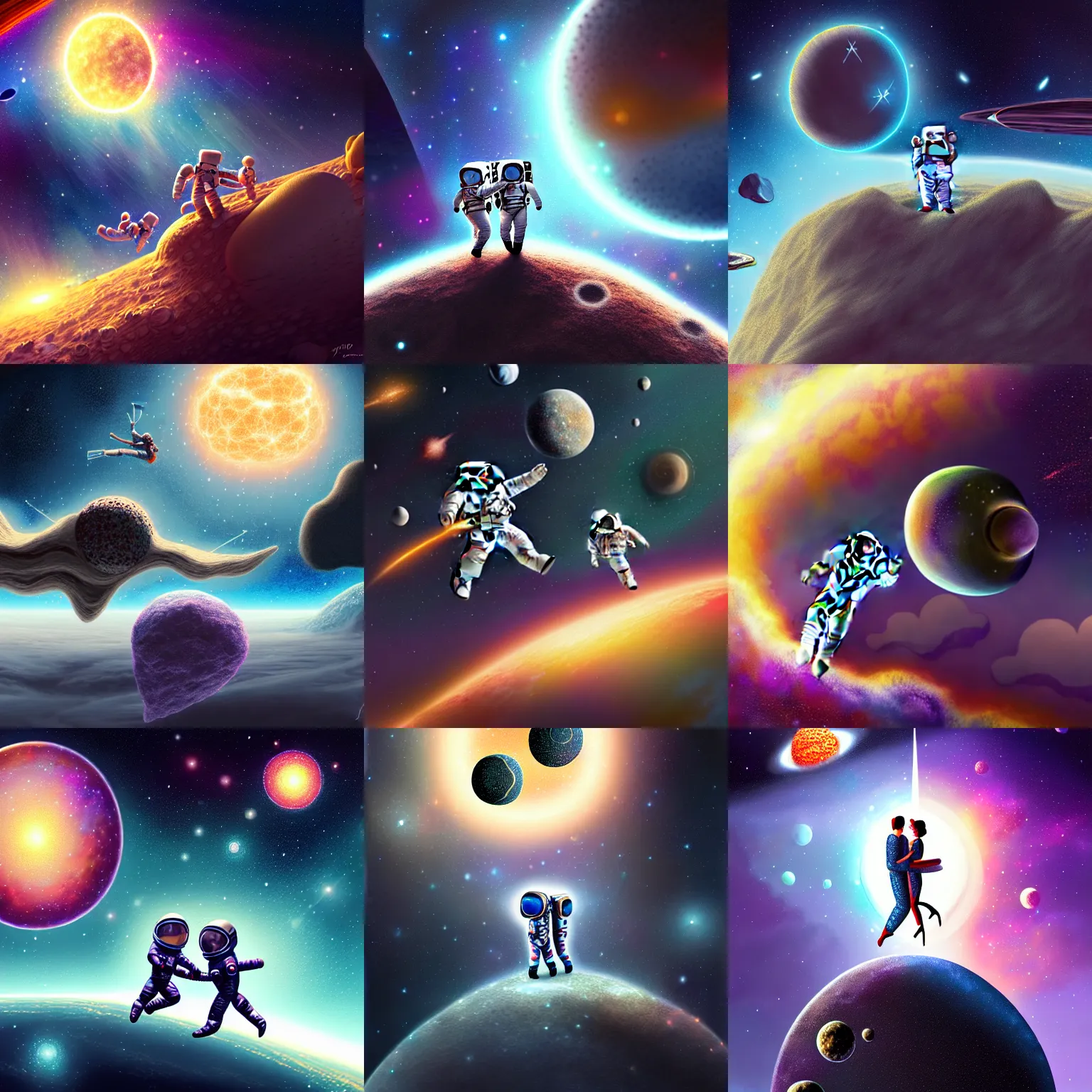 Prompt: love expanding across the multiverse, happiness, joy, pair of astronauts riding an asteroid, fantasy, intricate, elegant, highly detailed, digital painting, concept art, matte, sharp focus, illustration