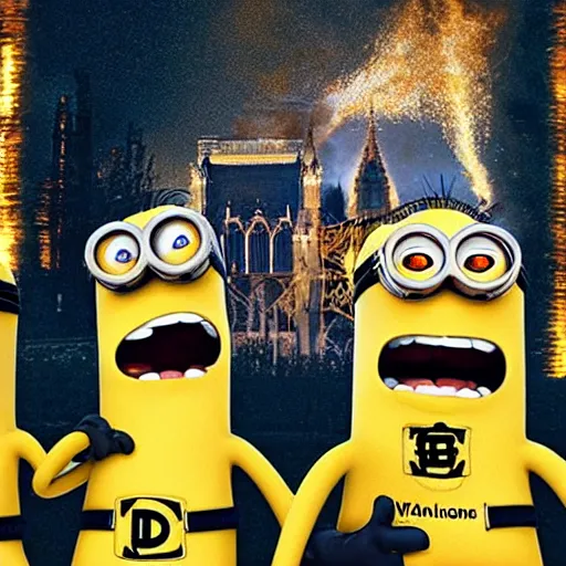 Image similar to “minions laughing as the Notre dame burns behind them”