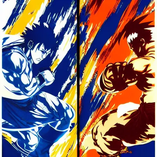 Image similar to shoryuken, dragon punch, kamehameha, hadouken, street fighter, mortal kombat, tournament, hanafuda, evolution, game poster by yoji shinkawa in blue and white