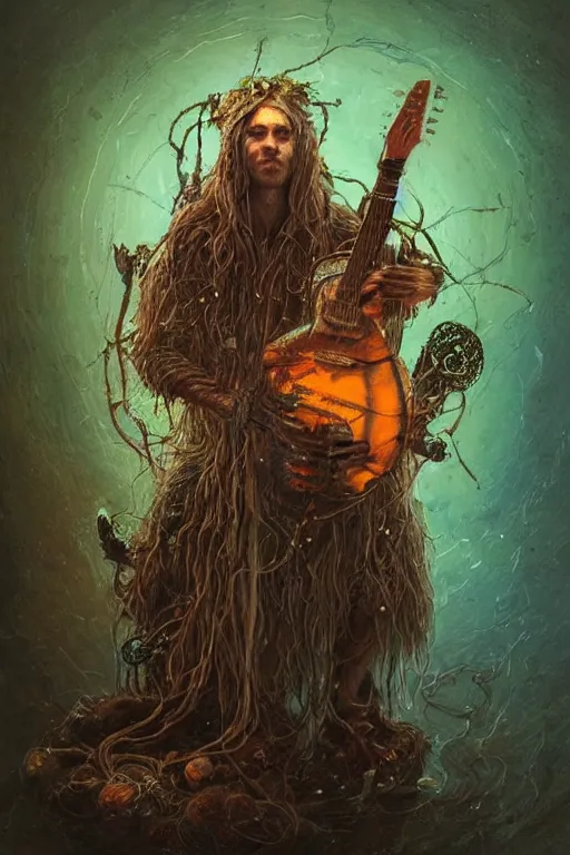 Prompt: portrait of a druid playing an electronic!!-musical-instruments, intricate, stunning, highly detailed, digital painting, artstation, concept art, smooth, sharp, focus, illustration, art by greg rutkowski and michael whelan, inside an a space station recording studio filled with strange surrealist detailed alien electronic and acoustic musical-instruments!! with blinking LEDs and oscilloscopes on screens in detailed alien interiors, backlit fog, designed by Larry Elmore Kerlaft and Pixar, photorealistic, 3d render, award winning render, unreal engine, octane render, studio lighting, 8k, hd