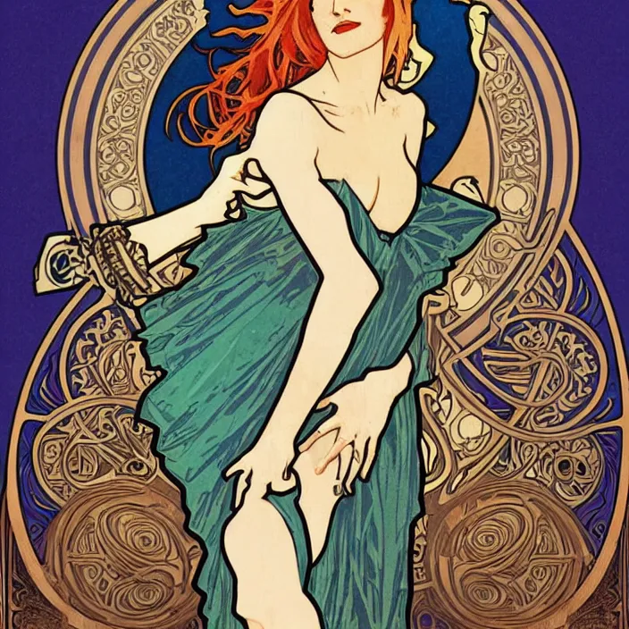 Prompt: Alphonse Mucha, art nouveau, wood carving, beautiful pretty female Hayley Williams Paramore, smile, symmetrical, realistic, victorian blue dress, long red hair, full body action pose, gold green blue purple, Octane