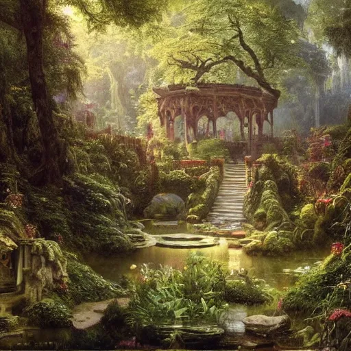 Prompt: a beautiful and highly detailed matte painting of a magical wishing well in a fantasy garden in a lush forest deep in the mystical mountains, intricate details, epic scale, insanely complex, 8 k, sharp focus, hyperrealism, very realistic, by caspar friedrich, albert bierstadt, james gurney, brian froud,