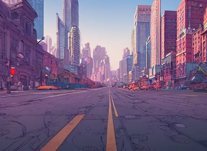 Image similar to wide view of a city, on the street, no cars. sharp focus, cinematic pose, cinematic lighting, unreal engine render. art by josan gonzales and moebius and deathburger.