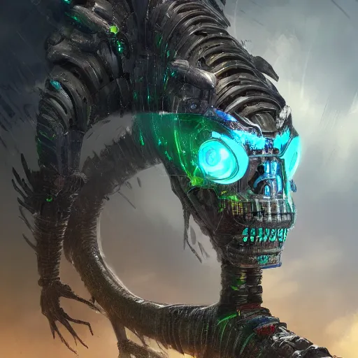 Prompt: a sentient cybernetic basilisk finally achieving the singularity, sci-fi, concept art, highly detailed, trending on artstation