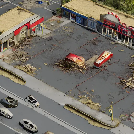 Prompt: top down aerial view of dilapidated gas - station with supermarket and shopping street in real life, desolate with zombies, dilapidated, zombies in the streets, nightmarish, some rusted style parked vehicles, sunny weather, few clouds, volumetric lighting, photorealistic, daytime, autumn, sharp focus, ultra detailed, cgsociety