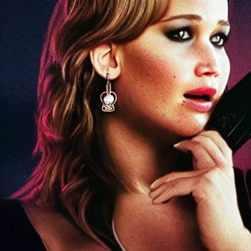 Prompt: Promo picture of Jennifer Lawrence as Toni Montana Scarface remake (2029)