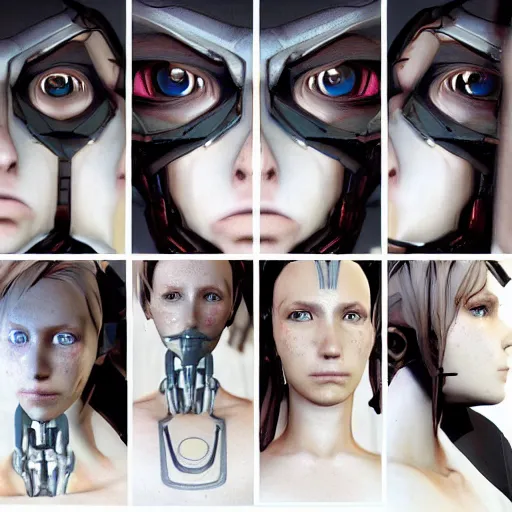 Prompt: very symmetrical!! female cyborg anatomy face concept asset art from video game, by miguel angel martinez monje, by vitaly bulgarov, by yoji shinkawa, by joss nizzi, by shoji kawamori, horizon zero dawn, konami, mecha, deviantart, artstation, marmoset toolbag render, unreal engine