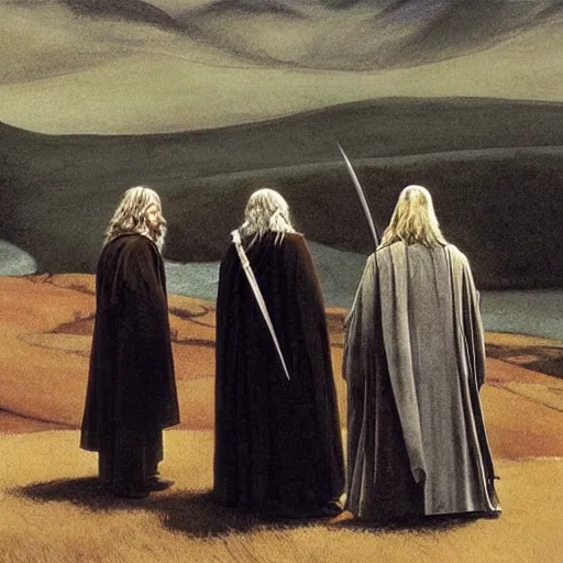 Image similar to the fellowship of the ring, gandalf, frodo, aragorn, legolas, by edward hopper