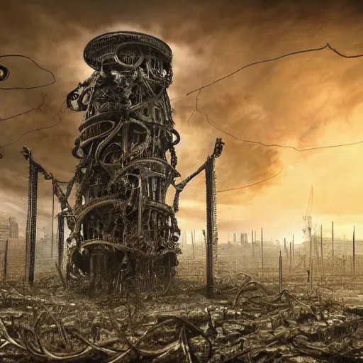 Image similar to giant evil bio-organic fleshy complex machine tower with tendrils and one eyeball at the top looking over a stormy post-apocalyptic wasteland, dystopian art