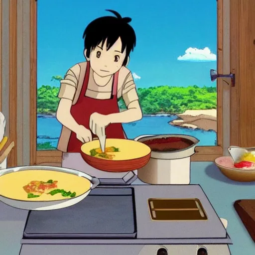 Prompt: cooking bacon and eggs on a beautiful peaceful morning by studio ghibli