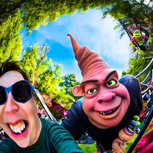 Prompt: fisheye selfie of shrek on the rollercoasters