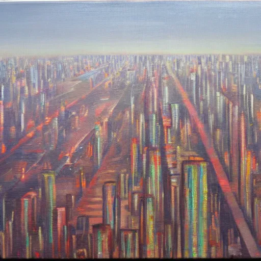 Image similar to a city falling off the edge of reality, oil on canvas