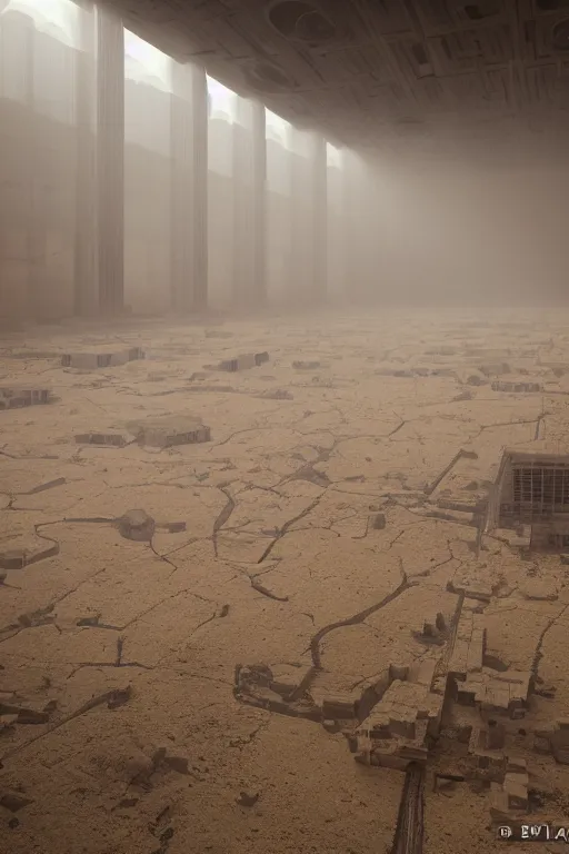 Prompt: inside a tall vetical room, convoluted halls, large open windows, cables hanging, complex ceiling, ancient monolithic sci - fi, thick dust storm enters the buiding, high winds, concrete pillars, on an alien planet, sun is blocked by dust, pale orange colors, cinematographic wide angle shot, f / 2 4, motion blur