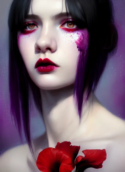 Image similar to portrait of teenage girl, red irises, red eyes, black hair, white bangs, purple lipstick, white bangs, bangs, black hair and white bangs, intricate, elegant, glowing lights, highly detailed, digital painting, artstation, concept art, smooth, sharp focus, illustration, art by wlop, mars ravelo and greg rutkowski